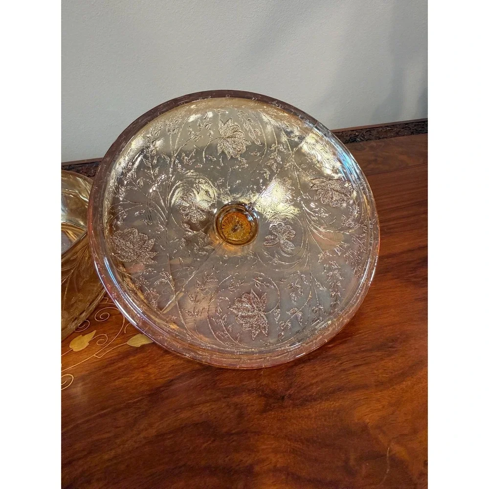 Vintage Jeannette Floragold Louisa Covered Dish, Marigold Carnival‎ Glass Bowl